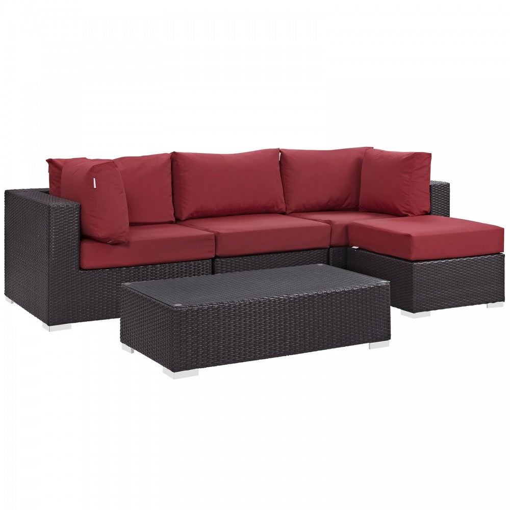 Convene 5 Piece Outdoor Patio Sectional Set, Espresso Red, EEI-2172-EXP-RED-SET