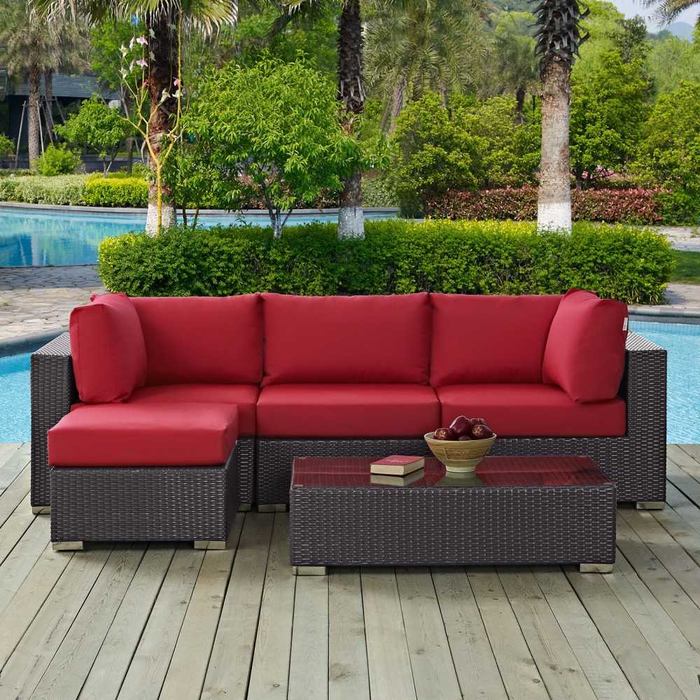 Convene 5 Piece Outdoor Patio Sectional Set, Espresso Red, EEI-2172-EXP-RED-SET