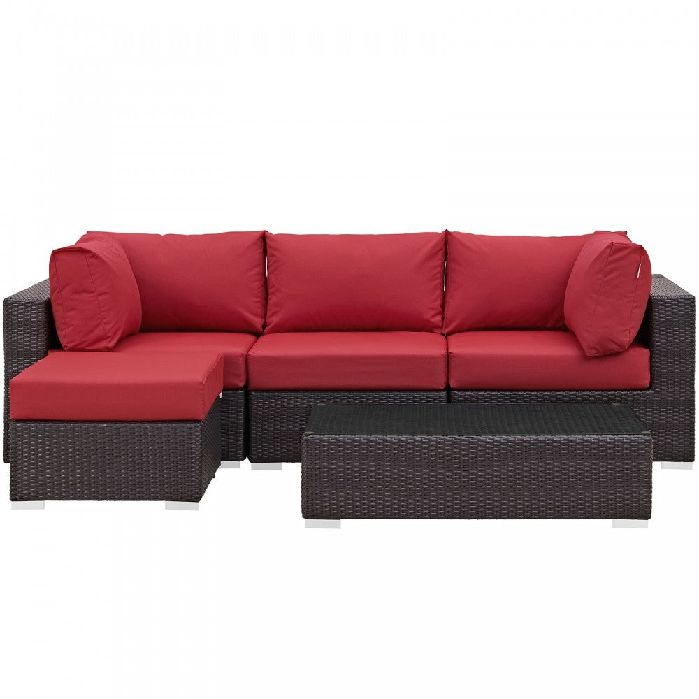 Convene 5 Piece Outdoor Patio Sectional Set, Espresso Red, EEI-2172-EXP-RED-SET