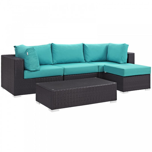 Convene 5 Piece Outdoor Patio Sectional Set, Espresso Turquoise, EEI-2172-EXP-TRQ-SET