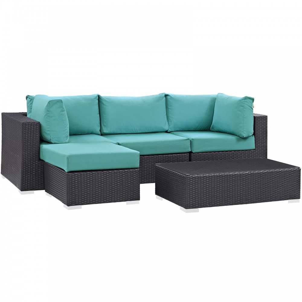 Convene 5 Piece Outdoor Patio Sectional Set, Espresso Turquoise, EEI-2172-EXP-TRQ-SET