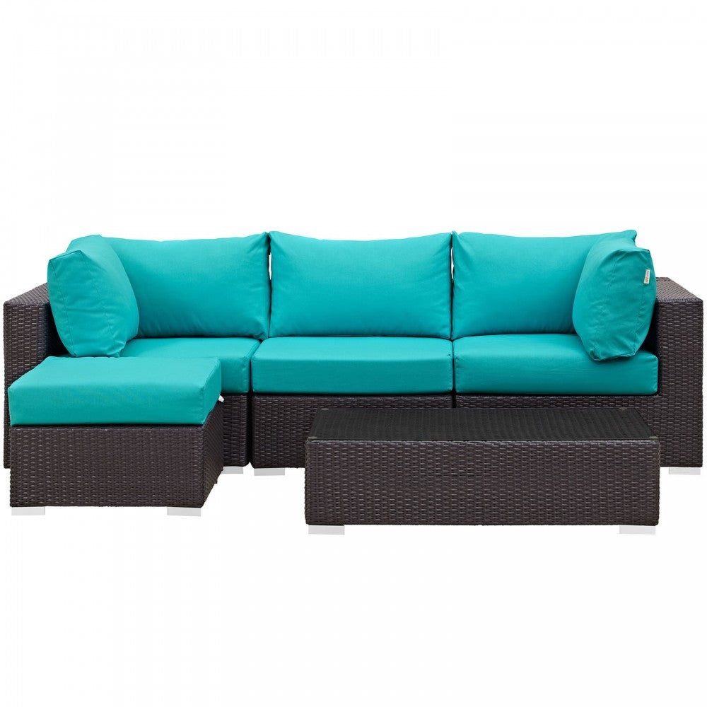 Convene 5 Piece Outdoor Patio Sectional Set, Espresso Turquoise, EEI-2172-EXP-TRQ-SET