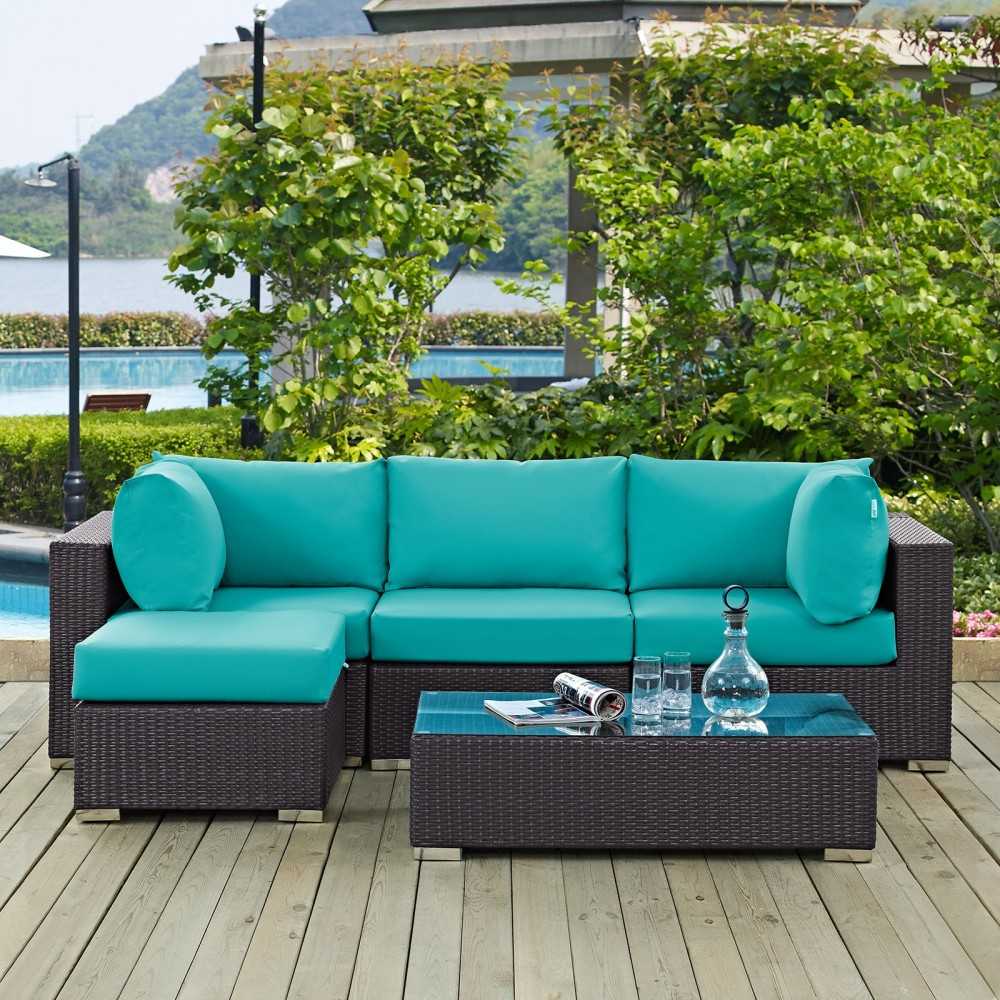 Convene 5 Piece Outdoor Patio Sectional Set, Espresso Turquoise, EEI-2172-EXP-TRQ-SET