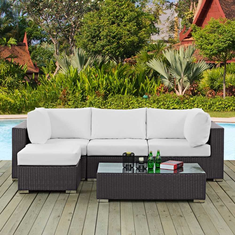 Convene 5 Piece Outdoor Patio Sectional Set, Espresso White, EEI-2172-EXP-WHI-SET