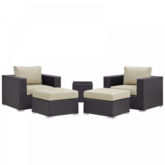 Convene 5 Piece Outdoor Patio Sectional Set, Espresso Beige, EEI-2201-EXP-BEI-SET