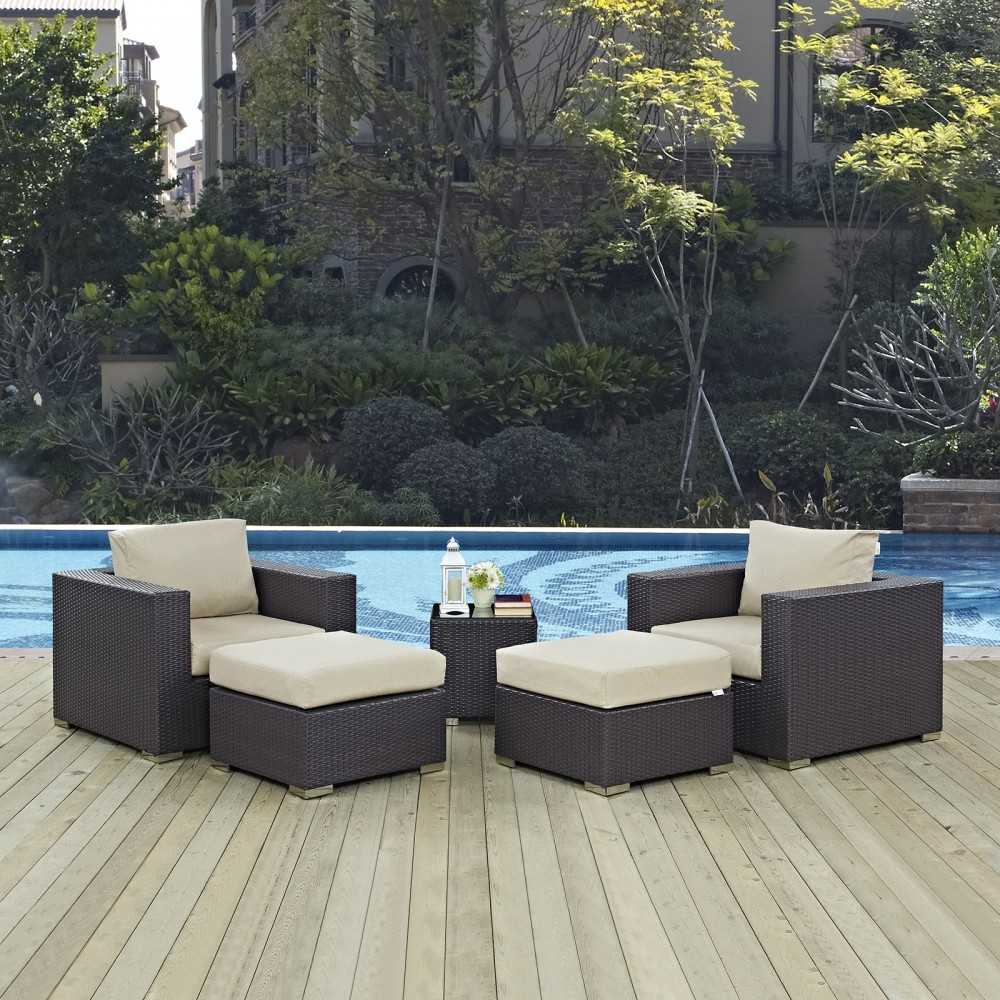 Convene 5 Piece Outdoor Patio Sectional Set, Espresso Beige, EEI-2201-EXP-BEI-SET