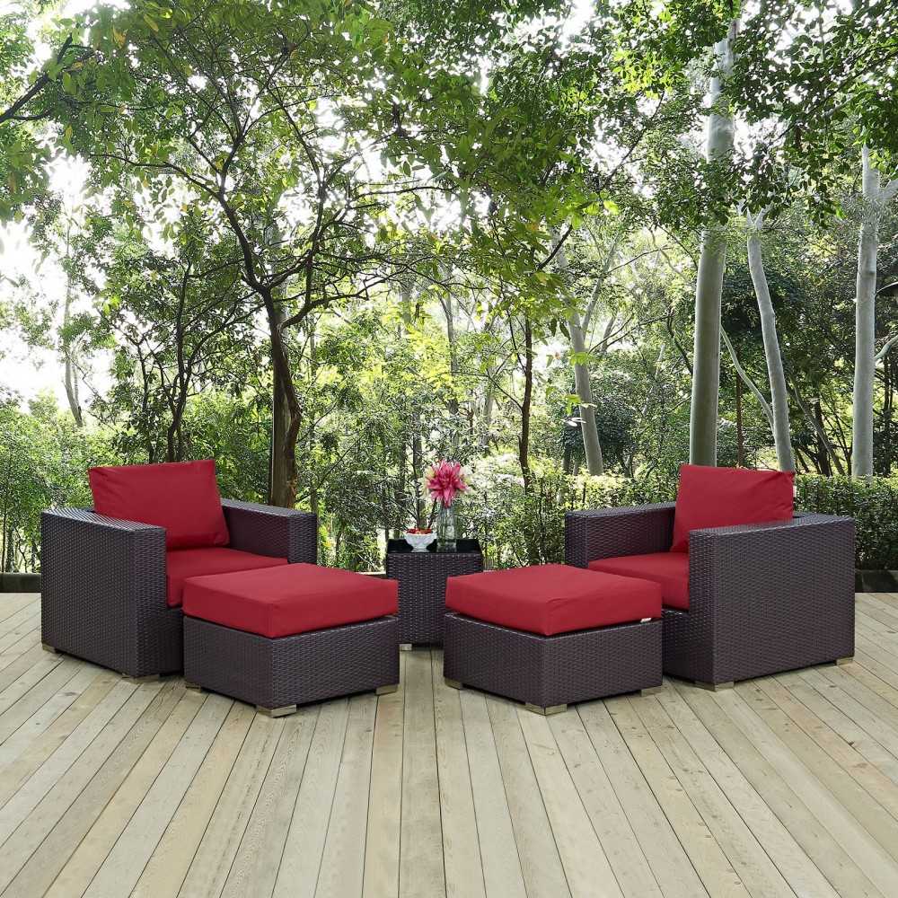 Convene 5 Piece Outdoor Patio Sectional Set, Espresso Red, EEI-2201-EXP-RED-SET