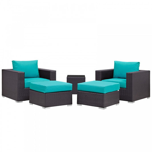 Convene 5 Piece Outdoor Patio Sectional Set, Espresso Turquoise, EEI-2201-EXP-TRQ-SET