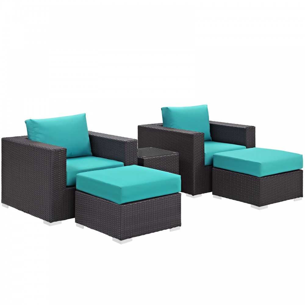 Convene 5 Piece Outdoor Patio Sectional Set, Espresso Turquoise, EEI-2201-EXP-TRQ-SET