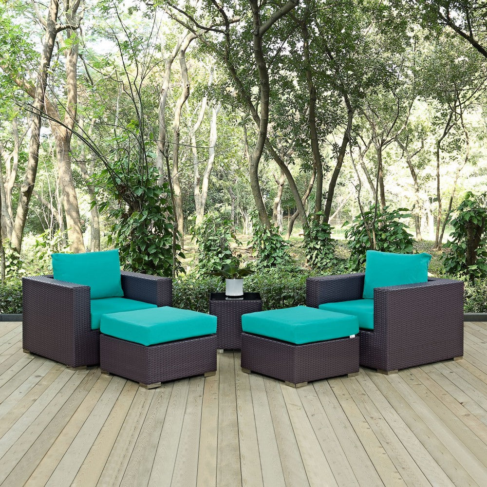 Convene 5 Piece Outdoor Patio Sectional Set, Espresso Turquoise, EEI-2201-EXP-TRQ-SET