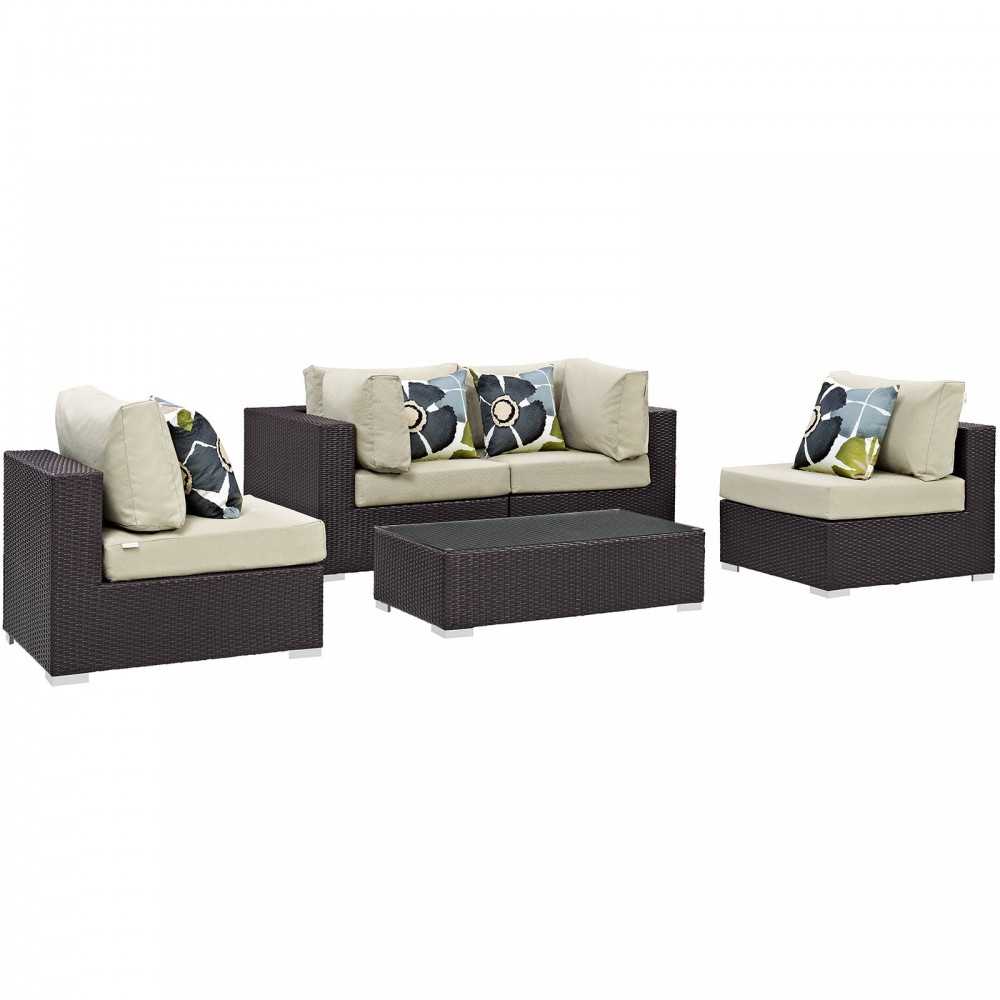 Convene 5 Piece Outdoor Patio Sectional Set, Espresso Beige, EEI-2356-EXP-BEI-SET