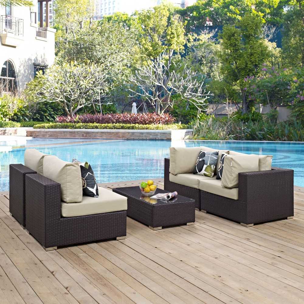 Convene 5 Piece Outdoor Patio Sectional Set, Espresso Beige, EEI-2356-EXP-BEI-SET