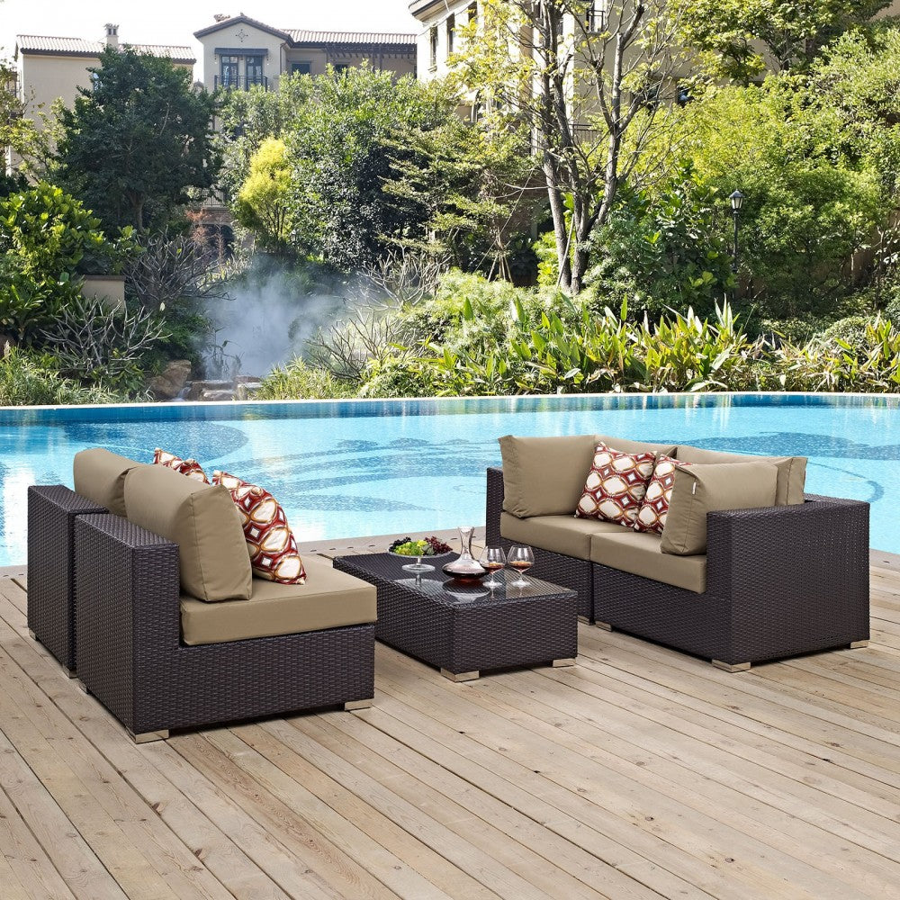 Convene 5 Piece Outdoor Patio Sectional Set, Espresso Mocha, EEI-2356-EXP-MOC-SET