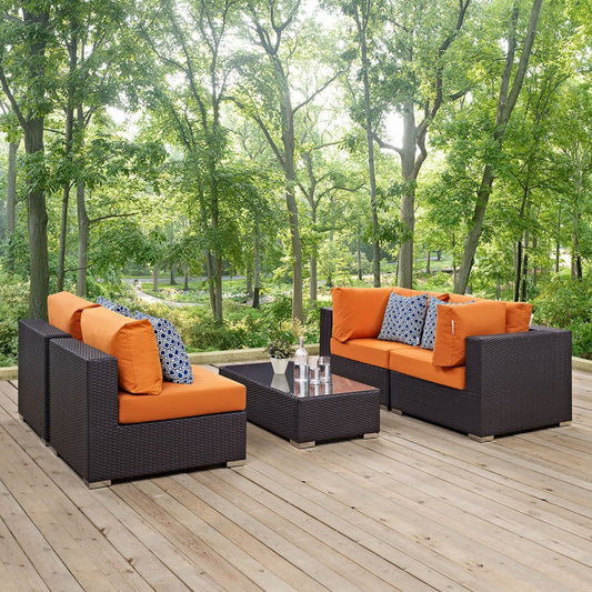 Convene 5 Piece Outdoor Patio Sectional Set, Espresso Orange, EEI-2356-EXP-ORA-SET