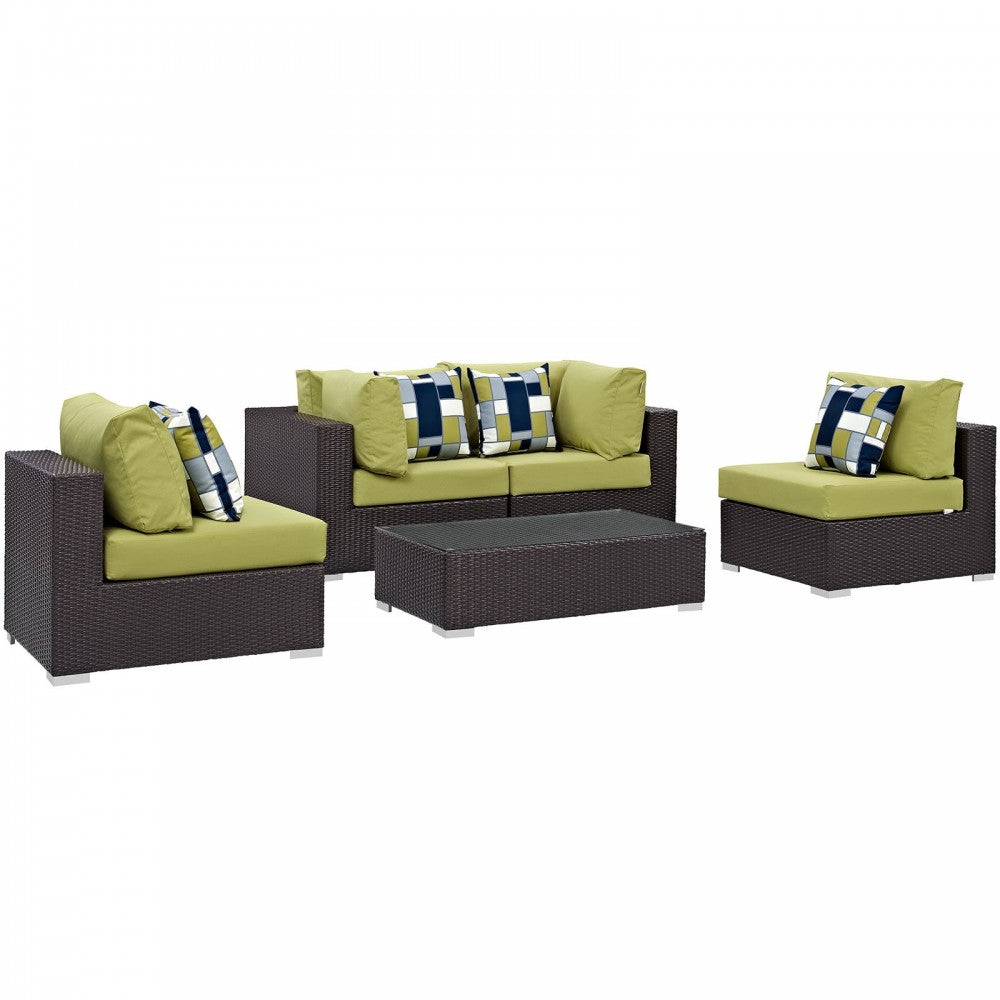 Convene 5 Piece Outdoor Patio Sectional Set, Espresso Peridot, EEI-2356-EXP-PER-SET