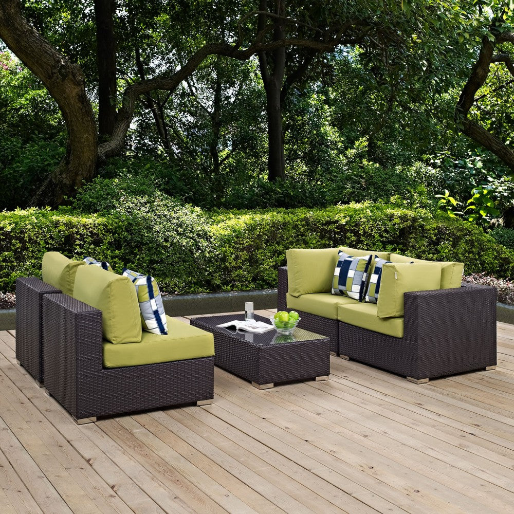 Convene 5 Piece Outdoor Patio Sectional Set, Espresso Peridot, EEI-2356-EXP-PER-SET