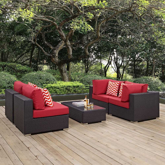 Convene 5 Piece Outdoor Patio Sectional Set, Espresso Red, EEI-2356-EXP-RED-SET