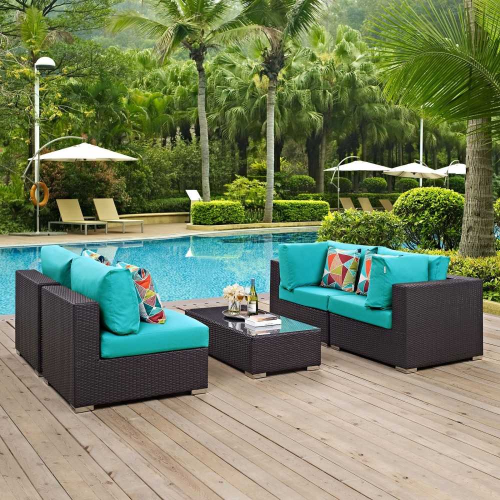 Convene 5 Piece Outdoor Patio Sectional Set, Espresso Turquoise, EEI-2356-EXP-TRQ-SET