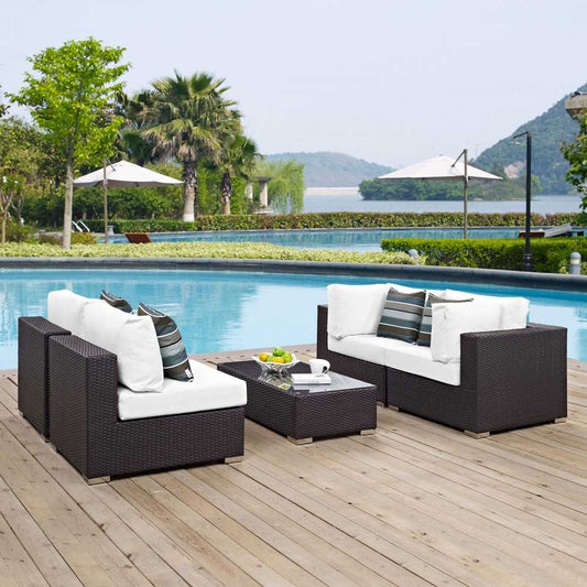 Convene 5 Piece Outdoor Patio Sectional Set, Espresso White, EEI-2356-EXP-WHI-SET