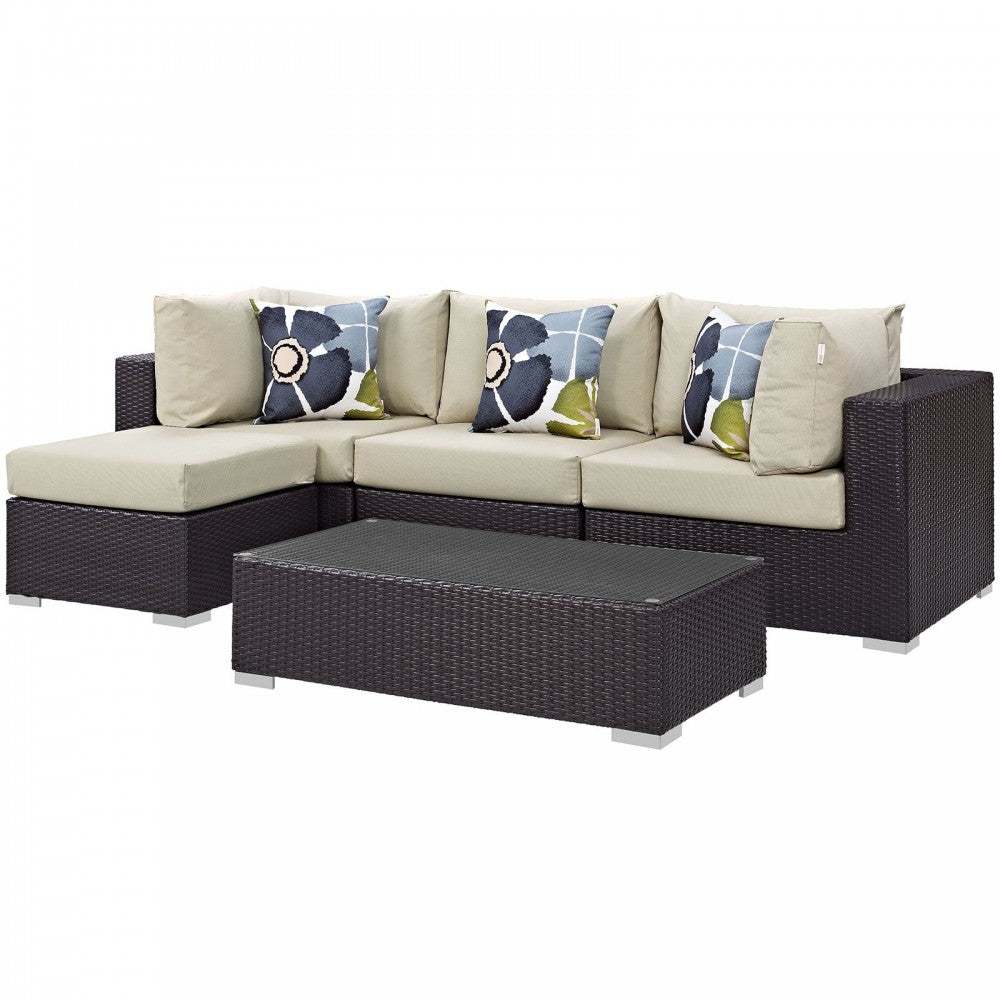 Convene 5 Piece Outdoor Patio Sectional Set, Espresso Beige, EEI-2362-EXP-BEI-SET