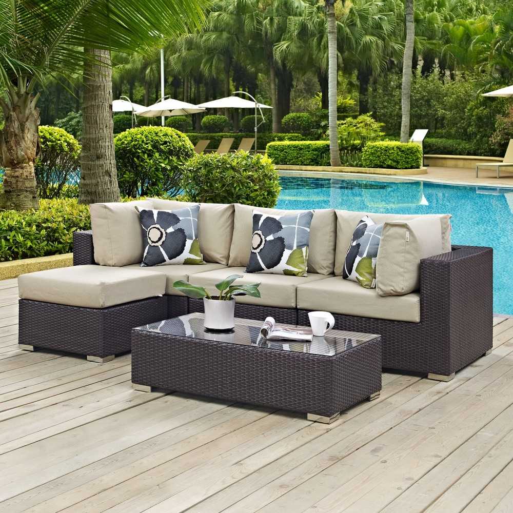 Convene 5 Piece Outdoor Patio Sectional Set, Espresso Beige, EEI-2362-EXP-BEI-SET