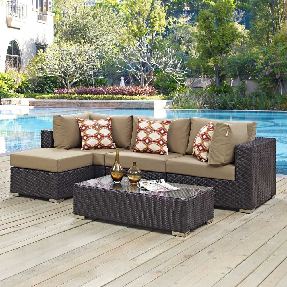 Convene 5 Piece Outdoor Patio Sectional Set, Espresso Mocha, EEI-2362-EXP-MOC-SET