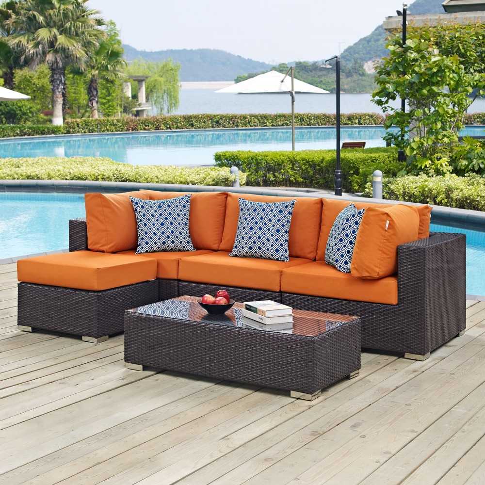 Convene 5 Piece Outdoor Patio Sectional Set, Espresso Orange, EEI-2362-EXP-ORA-SET