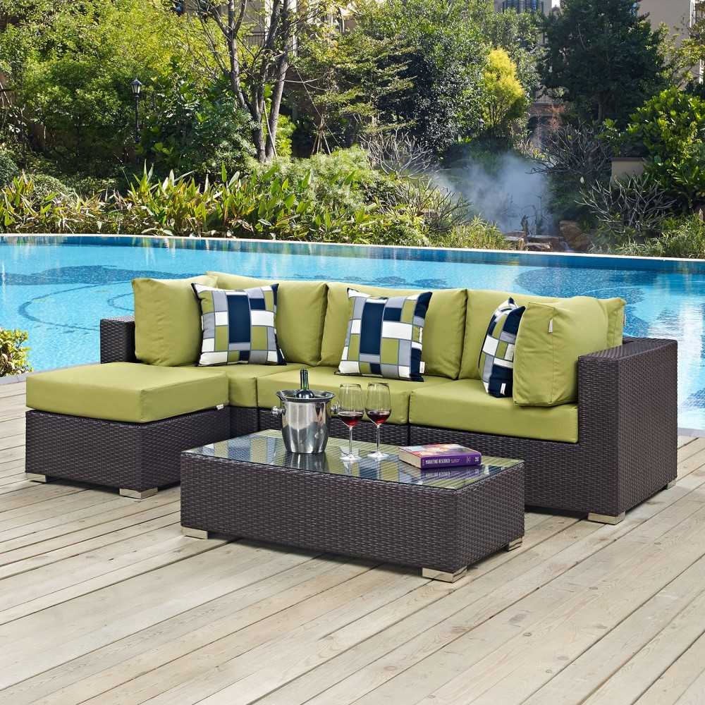 Convene 5 Piece Outdoor Patio Sectional Set, Espresso Peridot, EEI-2362-EXP-PER-SET