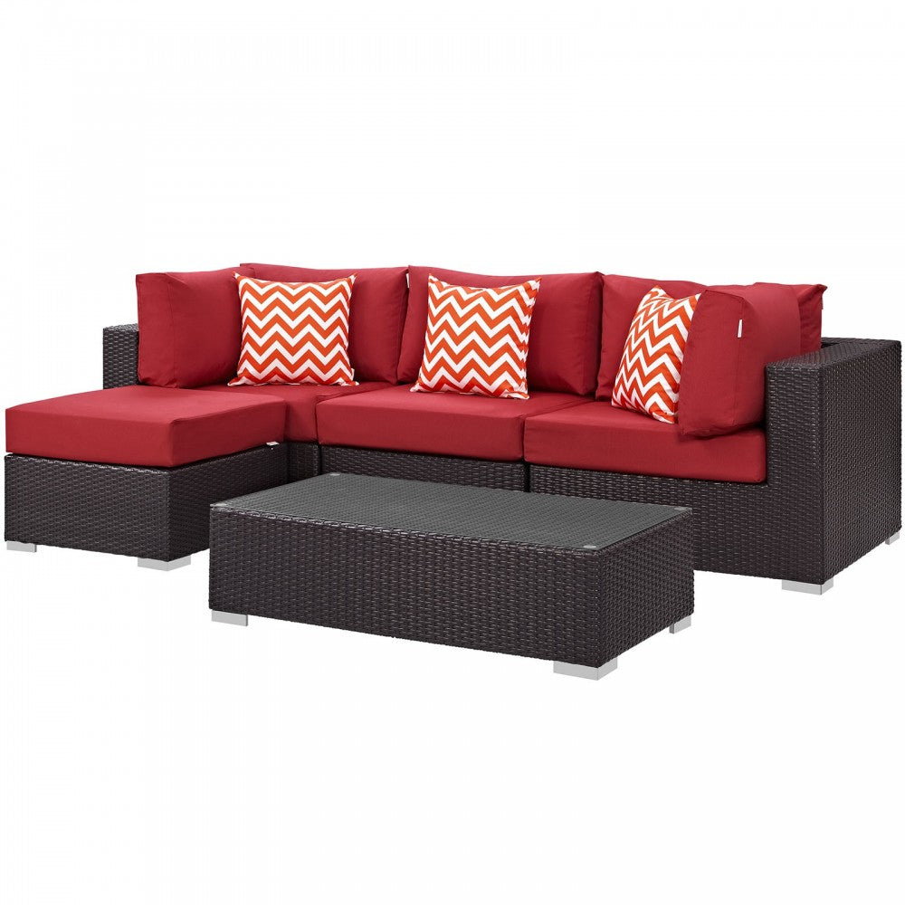 Convene 5 Piece Outdoor Patio Sectional Set, Espresso Red, EEI-2362-EXP-RED-SET