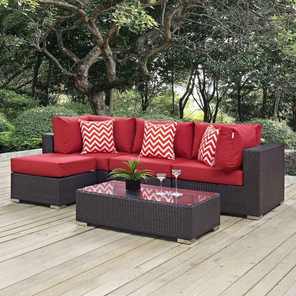 Convene 5 Piece Outdoor Patio Sectional Set, Espresso Red, EEI-2362-EXP-RED-SET