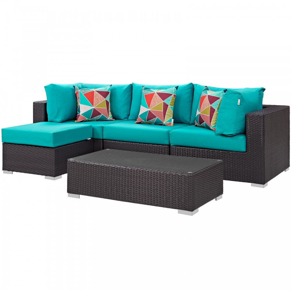 Convene 5 Piece Outdoor Patio Sectional Set, Espresso Turquoise, EEI-2362-EXP-TRQ-SET