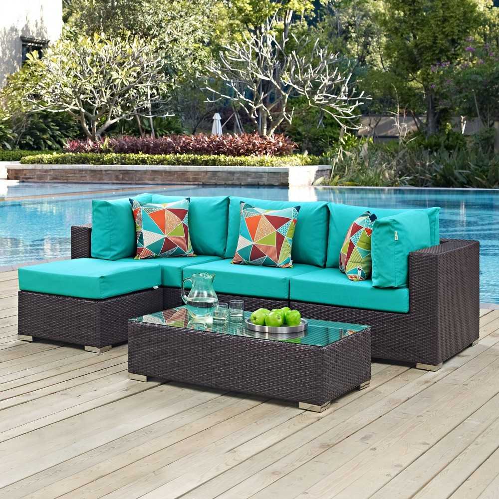 Convene 5 Piece Outdoor Patio Sectional Set, Espresso Turquoise, EEI-2362-EXP-TRQ-SET