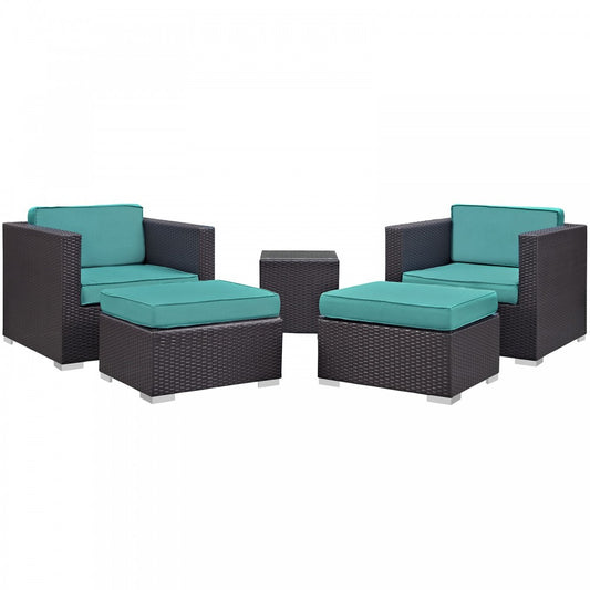 Convene 5 Piece Outdoor Patio Sectional Set, Espresso Turquoise, EEI-1809-EXP-TRQ-SET