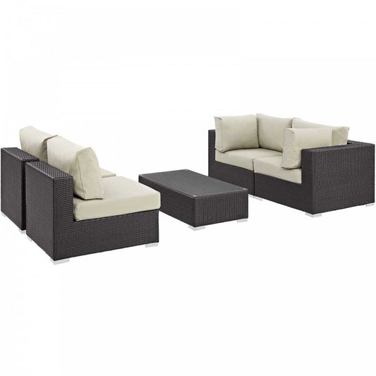 Convene 5 Piece Outdoor Patio Sectional Set, Espresso Beige, EEI-2163-EXP-BEI-SET