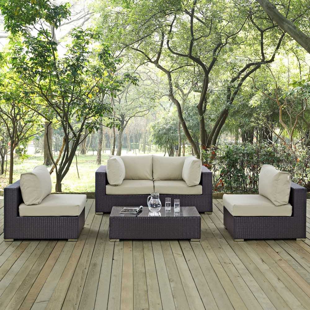 Convene 5 Piece Outdoor Patio Sectional Set, Espresso Beige, EEI-2163-EXP-BEI-SET