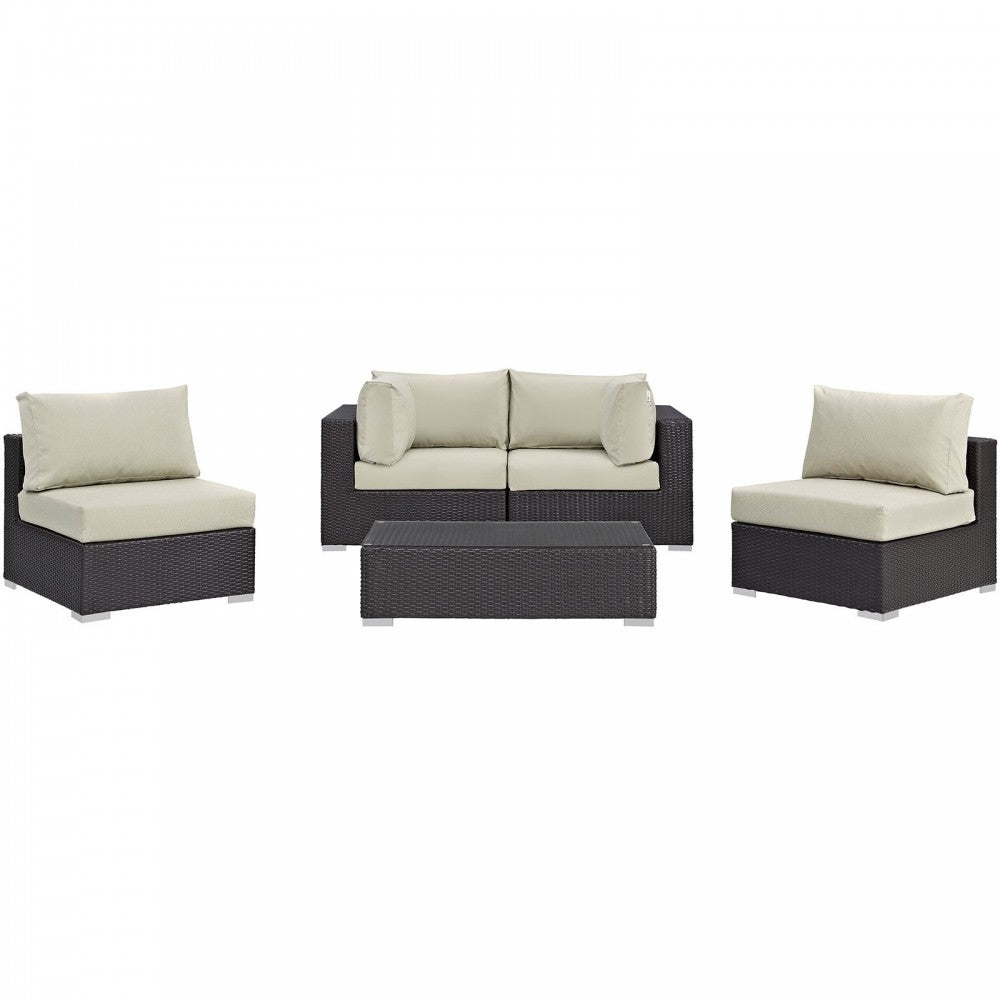 Convene 5 Piece Outdoor Patio Sectional Set, Espresso Beige, EEI-2163-EXP-BEI-SET