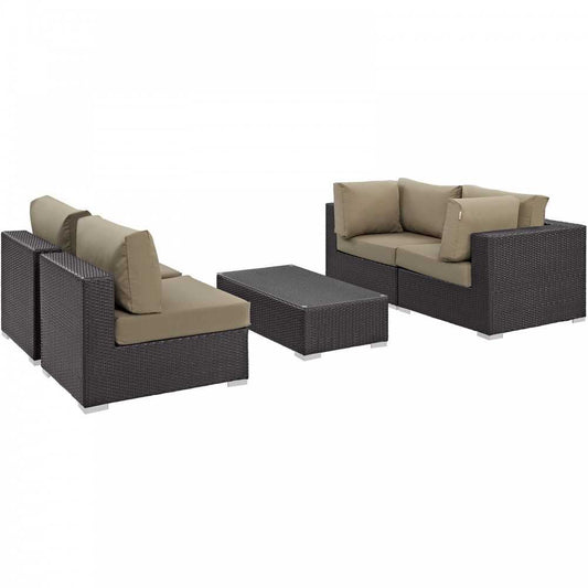 Convene 5 Piece Outdoor Patio Sectional Set, Espresso Mocha, EEI-2163-EXP-MOC-SET