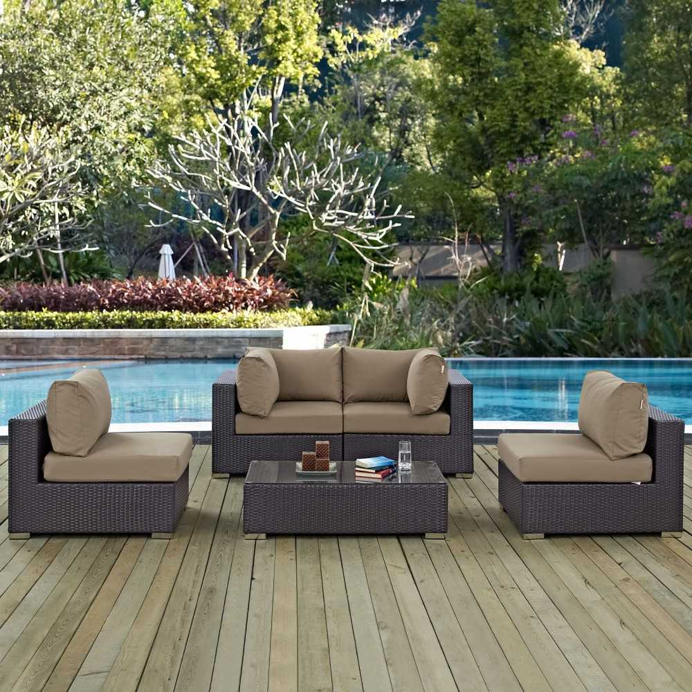 Convene 5 Piece Outdoor Patio Sectional Set, Espresso Mocha, EEI-2163-EXP-MOC-SET