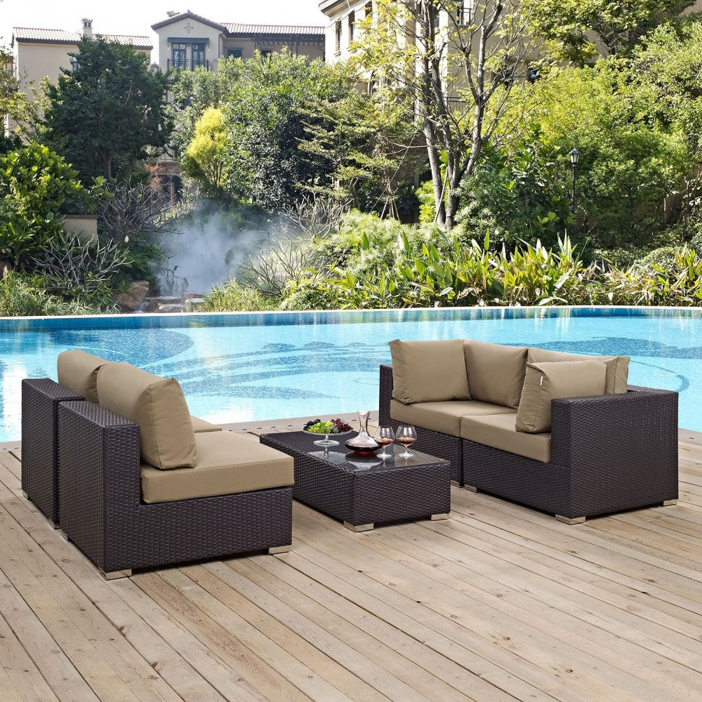 Convene 5 Piece Outdoor Patio Sectional Set, Espresso Mocha, EEI-2163-EXP-MOC-SET