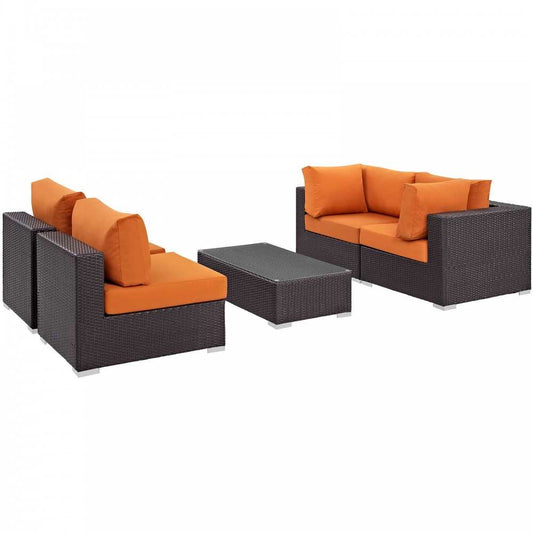 Convene 5 Piece Outdoor Patio Sectional Set, Espresso Orange, EEI-2163-EXP-ORA-SET