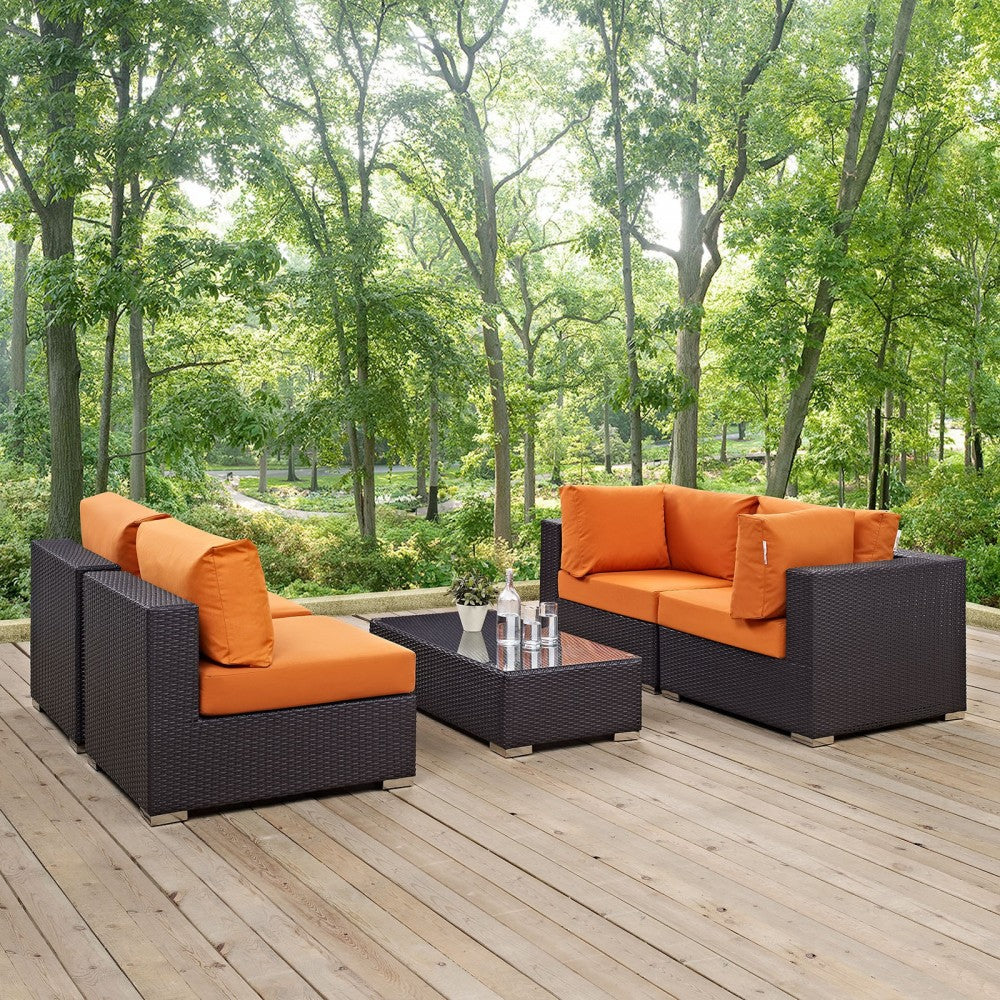 Convene 5 Piece Outdoor Patio Sectional Set, Espresso Orange, EEI-2163-EXP-ORA-SET