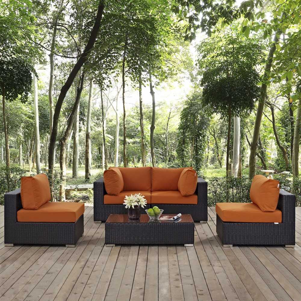 Convene 5 Piece Outdoor Patio Sectional Set, Espresso Orange, EEI-2163-EXP-ORA-SET