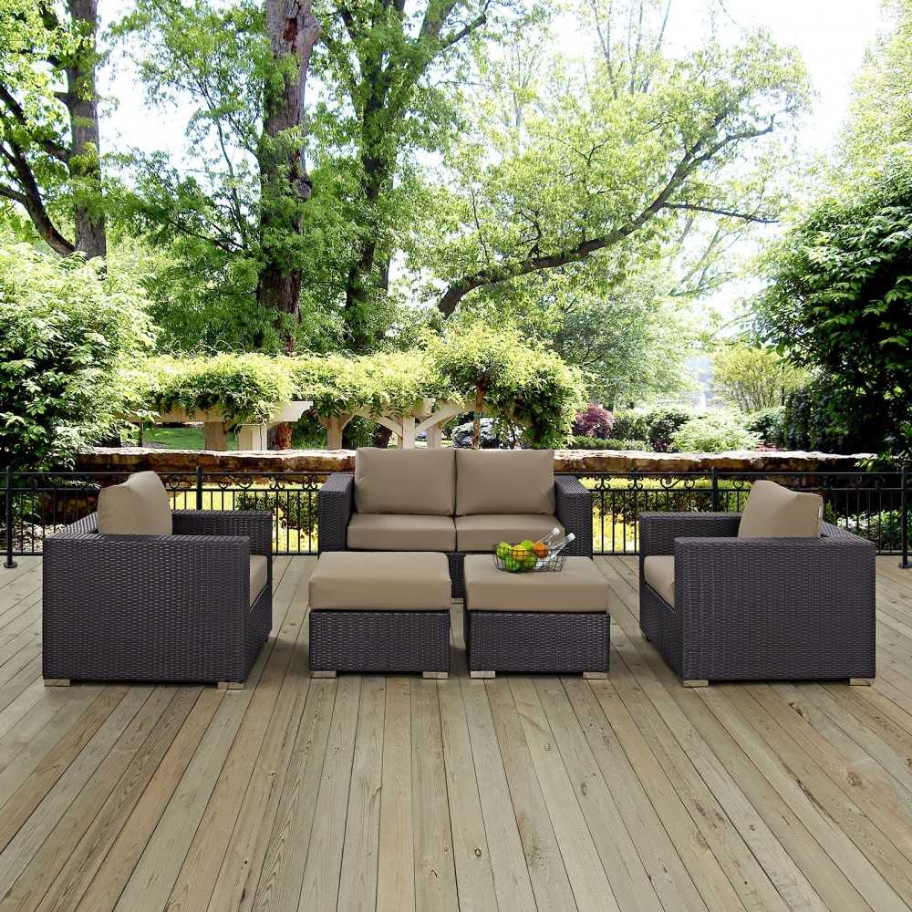 Convene 5 Piece Outdoor Patio Sofa Set, Espresso Mocha