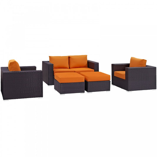 Convene 5 Piece Outdoor Patio Sofa Set, Espresso Orange