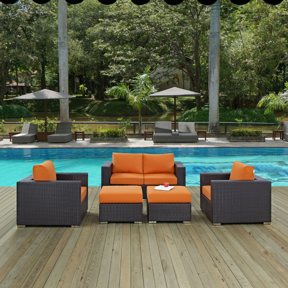 Convene 5 Piece Outdoor Patio Sofa Set, Espresso Orange