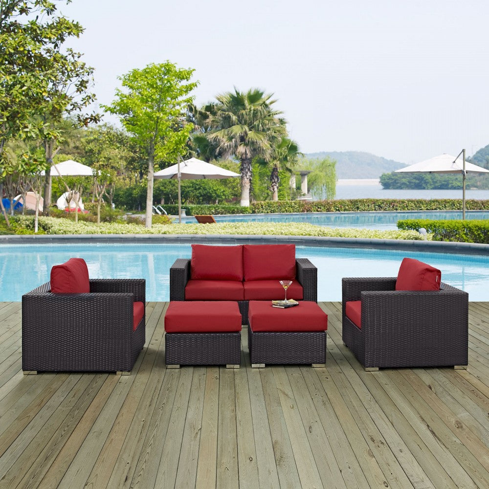 Convene 5 Piece Outdoor Patio Sofa Set, Espresso Red