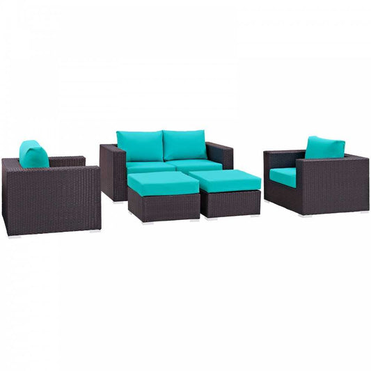 Convene 5 Piece Outdoor Patio Sofa Set, Espresso Turquoise