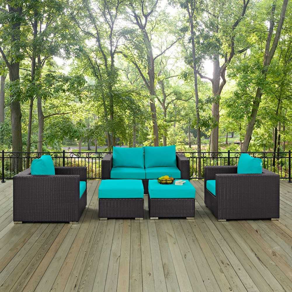 Convene 5 Piece Outdoor Patio Sofa Set, Espresso Turquoise