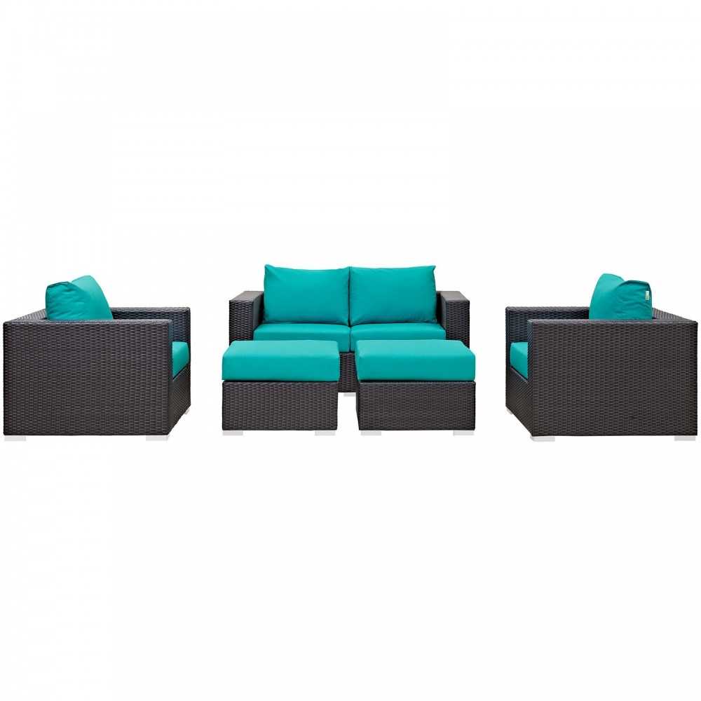 Convene 5 Piece Outdoor Patio Sofa Set, Espresso Turquoise