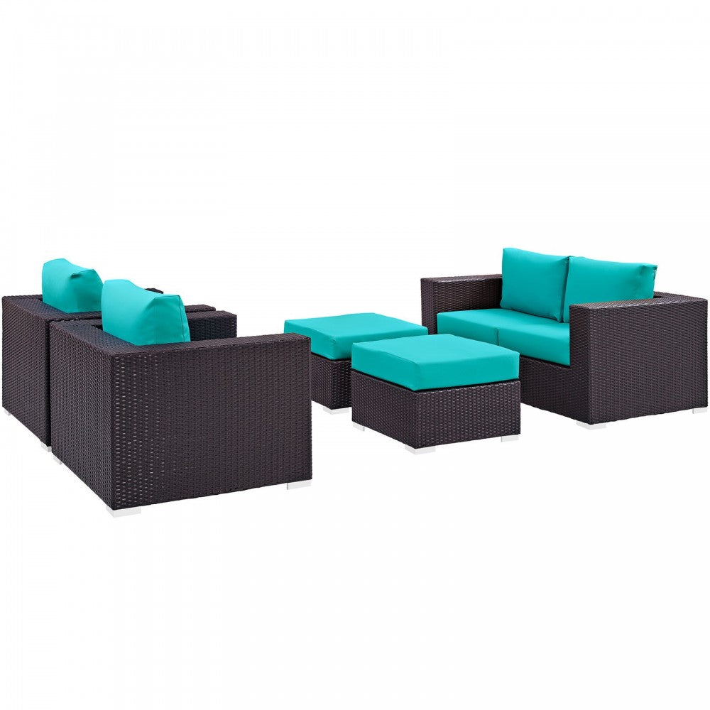 Convene 5 Piece Outdoor Patio Sofa Set, Espresso Turquoise
